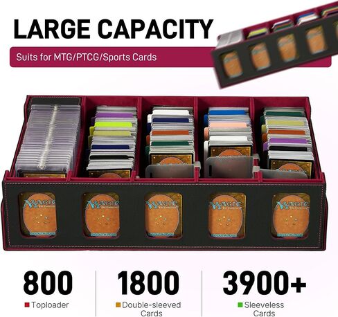 صندوق تخزين بطاقات التداول من الجلد المغناطيسي - تصميم علبة مكون من 5 صفوف، سعة تزيد عن 3900 لبطاقات YuGiOh وMTG وTCG والبطاقات الرياضية، ويتضمن 24 فواصل ملونة و5 دعامات للبطاقات (15.8 بوصة، أسود) in Kuwait