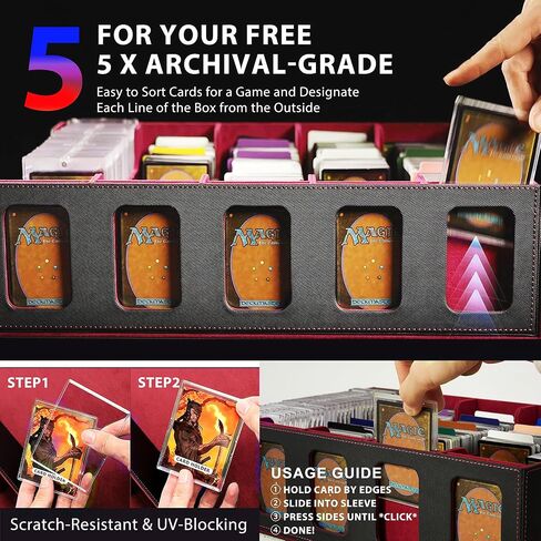 صندوق تخزين بطاقات التداول من الجلد المغناطيسي - تصميم علبة مكون من 5 صفوف، سعة تزيد عن 3900 لبطاقات YuGiOh وMTG وTCG والبطاقات الرياضية، ويتضمن 24 فواصل ملونة و5 دعامات للبطاقات (15.8 بوصة، أسود) in Kuwait