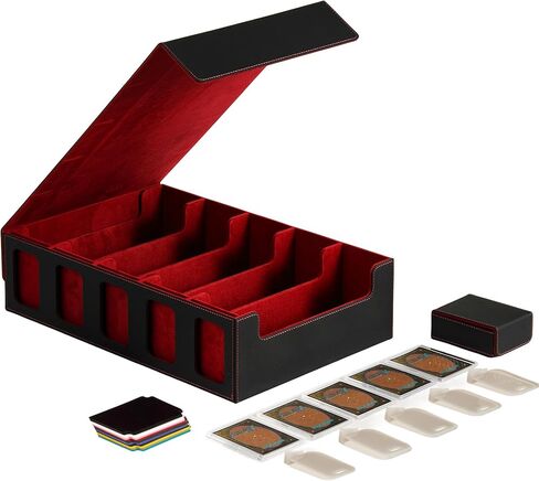 صندوق تخزين بطاقات التداول من الجلد المغناطيسي - تصميم علبة مكون من 5 صفوف، سعة تزيد عن 3900 لبطاقات YuGiOh وMTG وTCG والبطاقات الرياضية، ويتضمن 24 فواصل ملونة و5 دعامات للبطاقات (15.8 بوصة، أسود) in Kuwait