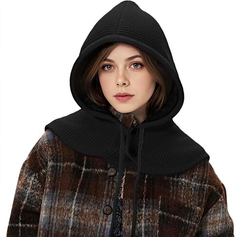 Balaclava Hat for Women, Warm Ear Neck Hooded Scarf Hat with Drawstring, Fashionable Knit Skull Cap Cold Weather in Kuwait