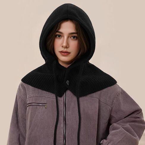 Balaclava Hat for Women, Warm Ear Neck Hooded Scarf Hat with Drawstring, Fashionable Knit Skull Cap Cold Weather in Kuwait