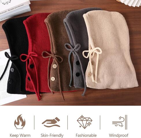 Balaclava Hat for Women, Warm Ear Neck Hooded Scarf Hat with Drawstring, Fashionable Knit Skull Cap Cold Weather in Kuwait