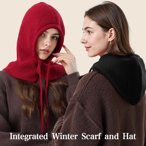 Balaclava Hat for Women, Warm Ear Neck Hooded Scarf Hat with Drawstring, Fashionable Knit Skull Cap Cold Weather in Kuwait