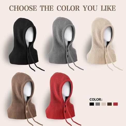 Balaclava Hat for Women, Warm Ear Neck Hooded Scarf Hat with Drawstring, Fashionable Knit Skull Cap Cold Weather in Kuwait