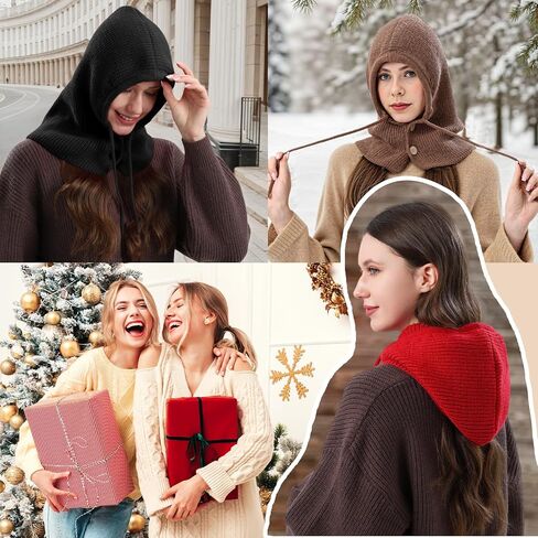 Balaclava Hat for Women, Warm Ear Neck Hooded Scarf Hat with Drawstring, Fashionable Knit Skull Cap Cold Weather in Kuwait
