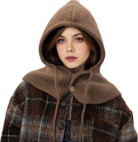 Balaclava Hat for Women, Warm Ear Neck Hooded Scarf Hat with Drawstring, Fashionable Knit Skull Cap Cold Weather in Saudi Arabia