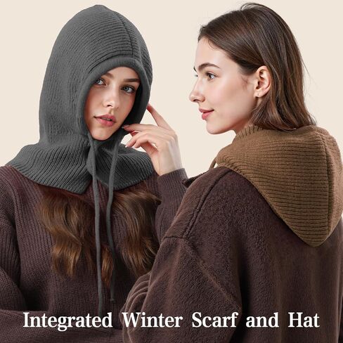 Balaclava Hat for Women, Warm Ear Neck Hooded Scarf Hat with Drawstring, Fashionable Knit Skull Cap Cold Weather in Saudi Arabia