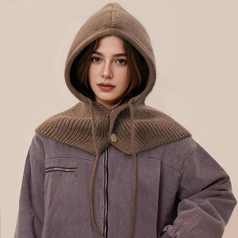 Balaclava Hat for Women, Warm Ear Neck Hooded Scarf Hat with Drawstring, Fashionable Knit Skull Cap Cold Weather in Saudi Arabia
