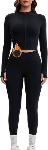 AEEZO Womens Fleece Lined 2 Piece Thermal Zip Up Workout Sets Lightweight Tummy Control Sexy Crop Jacket Yoga Leggings in Saudi Arabia