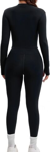 AEEZO Womens Fleece Lined 2 Piece Thermal Zip Up Workout Sets Lightweight Tummy Control Sexy Crop Jacket Yoga Leggings in Saudi Arabia