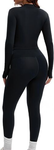 AEEZO Womens Fleece Lined 2 Piece Thermal Zip Up Workout Sets Lightweight Tummy Control Sexy Crop Jacket Yoga Leggings in Saudi Arabia