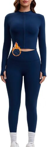 AEEZO Womens Fleece Lined 2 Piece Thermal Zip Up Workout Sets Lightweight Tummy Control Sexy Crop Jacket Yoga Leggings in Saudi Arabia