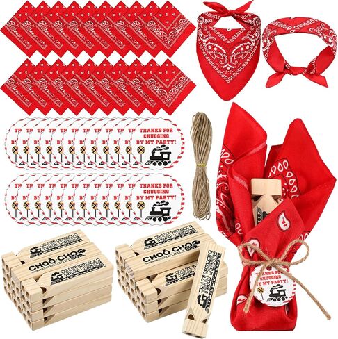 24 Set Train Party Favors Include 24 Wooden Train Whistles 24 Bandanas 24 Hang Tags and 1 Hemp Rope Whistles Gift for Theme Birthday Party Noisemakers Goodie Bag Filler Small Game Prizes in Saudi Arabia