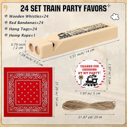 24 Set Train Party Favors Include 24 Wooden Train Whistles 24 Bandanas 24 Hang Tags and 1 Hemp Rope Whistles Gift for Theme Birthday Party Noisemakers Goodie Bag Filler Small Game Prizes in Saudi Arabia