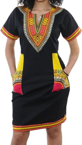 JTNFairy African Dresses for Women Elegant V Neck Short Sleeve Casual Knee Length African Attire Dress with Pockets in Kuwait