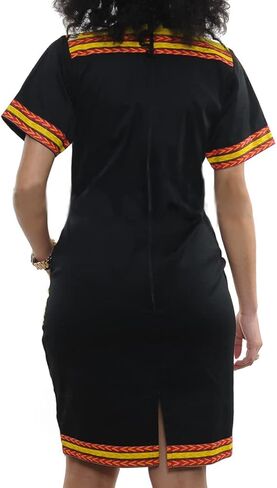 JTNFairy African Dresses for Women Elegant V Neck Short Sleeve Casual Knee Length African Attire Dress with Pockets in Kuwait