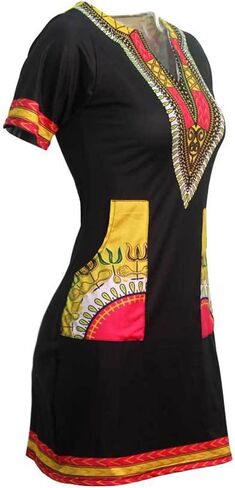 JTNFairy African Dresses for Women Elegant V Neck Short Sleeve Casual Knee Length African Attire Dress with Pockets in Kuwait