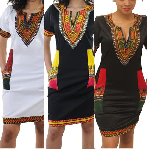 فساتين JTNFairy الأفريقية للنساء أنيقة على شكل حرف V وأكمام قصيرة كاجوال بطول الركبة مع جيوب in Kuwait