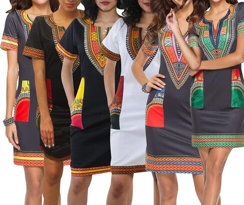 JTNFairy African Dresses for Women Elegant V Neck Short Sleeve Casual Knee Length African Attire Dress with Pockets in Kuwait