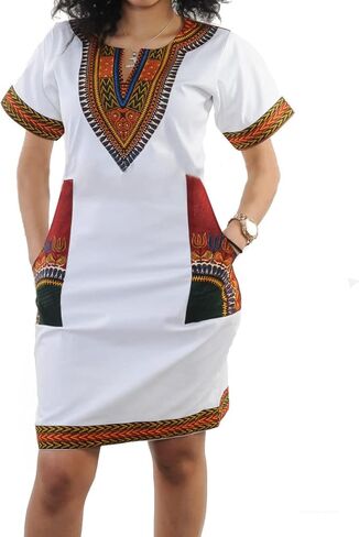 JTNFairy African Dresses for Women Elegant V Neck Short Sleeve Casual Knee Length African Attire Dress with Pockets in Kuwait