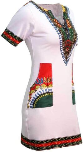 JTNFairy African Dresses for Women Elegant V Neck Short Sleeve Casual Knee Length African Attire Dress with Pockets in Kuwait