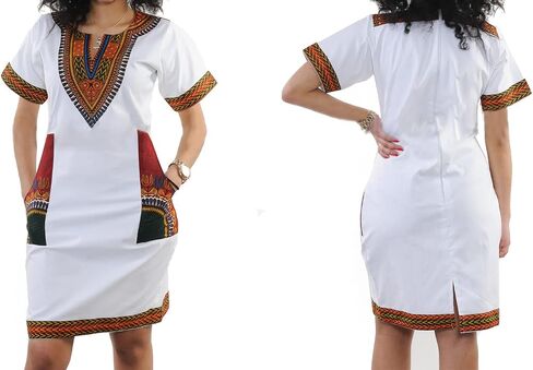 JTNFairy African Dresses for Women Elegant V Neck Short Sleeve Casual Knee Length African Attire Dress with Pockets in Kuwait
