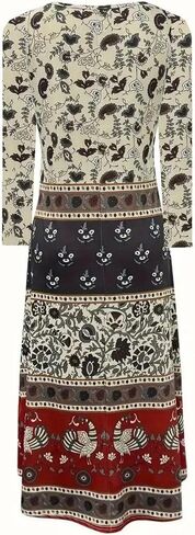 Fall Dresses for Women Crew Neck Long Sleeve Retro Print A Line Maxi Dress Vacation Outfit in Saudi Arabia