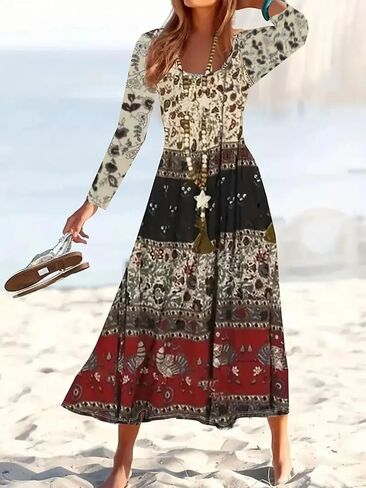 Fall Dresses for Women Crew Neck Long Sleeve Retro Print A Line Maxi Dress Vacation Outfit in Saudi Arabia
