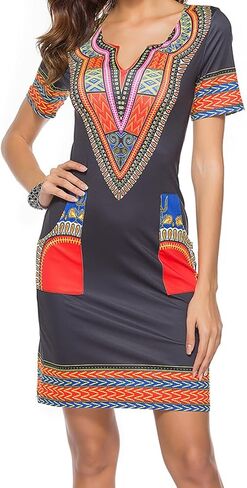 فساتين JTNFairy الأفريقية للنساء أنيقة على شكل حرف V وأكمام قصيرة كاجوال بطول الركبة مع جيوب in Kuwait