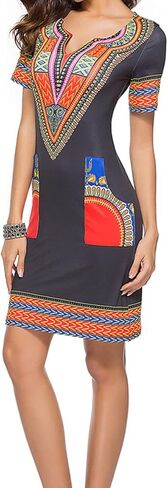 فساتين JTNFairy الأفريقية للنساء أنيقة على شكل حرف V وأكمام قصيرة كاجوال بطول الركبة مع جيوب in Kuwait