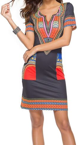 فساتين JTNFairy الأفريقية للنساء أنيقة على شكل حرف V وأكمام قصيرة كاجوال بطول الركبة مع جيوب in Kuwait