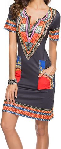 فساتين JTNFairy الأفريقية للنساء أنيقة على شكل حرف V وأكمام قصيرة كاجوال بطول الركبة مع جيوب in Kuwait