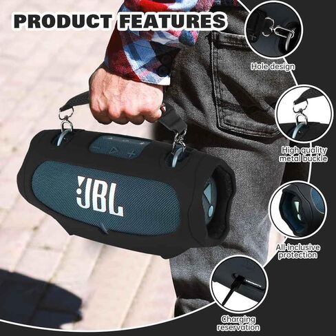 حافظة واقية من السيليكون لمكبر صوت بلوتوث محمول JBL Xtreme 4 - غطاء حافظة جلد مع حزام مقبض - أسود in Kuwait