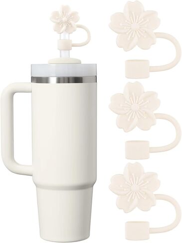 Straw Cover Cap for Stanley Cup, 3Pcs Flower Silicone Straw Toppers Accessories Compatible with Stanley Cup 30&40 Oz Tumbler, for Home and Party Decor (Beige) in Saudi Arabia