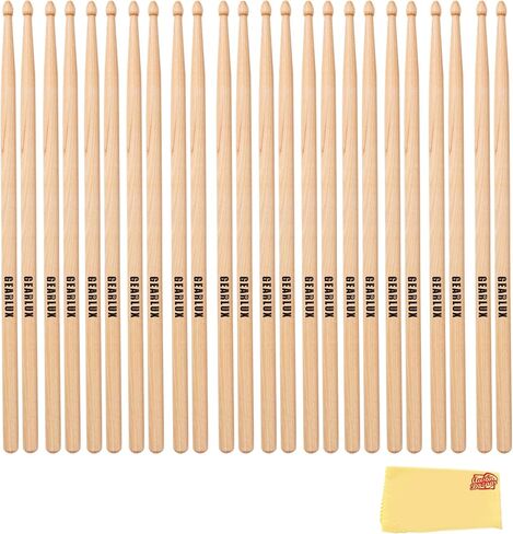 Gearlux American Hickory 5A Drumsticks with Tear Drop Tip, Medium Taper, Lacquer Finish for Balanced Performance - 12 Pair Bundle with Austin Bazaar Polishing Cloth in Kuwait