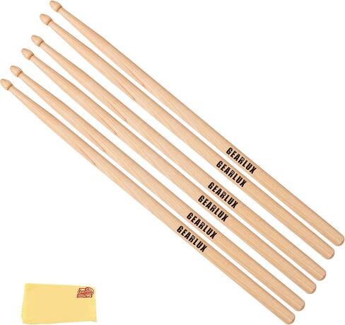 Gearlux American Hickory 5A Drumsticks with Tear Drop Tip, Medium Taper, Lacquer Finish for Balanced Performance - 12 Pair Bundle with Austin Bazaar Polishing Cloth in Kuwait