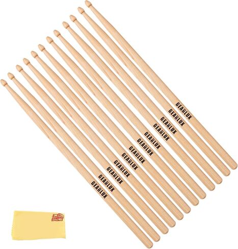 Gearlux American Hickory 5A Drumsticks with Tear Drop Tip, Medium Taper, Lacquer Finish for Balanced Performance - 12 Pair Bundle with Austin Bazaar Polishing Cloth in Kuwait