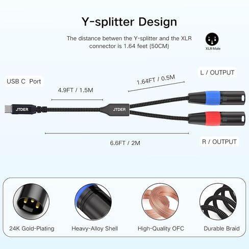 كابل صوت USB C إلى Dual XLR ذكر، كابل صوت ستيريو من النوع C إلى 2 XLR ذكر للهواتف الذكية، والكمبيوتر المحمول إلى مكبر صوت يعمل بالطاقة، وخلاط الصوت، ومكبر الصوت | تقليل الضوضاء وموصلات مطلية بالذهب - 6.6 قدم in Kuwait