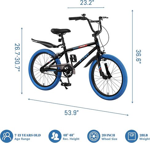 دراجة أطفال مقاس 20 بوصة طراز BMX، دراجات بناتي أولاد تتراوح أعمارهم بين 8 و12 عامًا، دراجة أطفال ذات سرعة واحدة للأولاد والبنات، دراجة أولاد خفيفة الوزن مع مقعد قابل للتعديل، ألوان متعددة in Kuwait