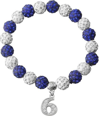 Beaded Stretch Bracelets for Men Women, Crystal Rhinestone Bracelet with Number Charm, Sports Fan Sorority Jewelry Gift, Blue & White in Saudi Arabia