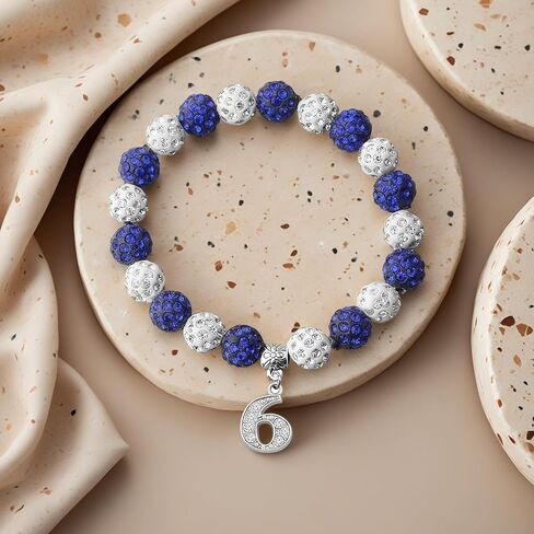 Beaded Stretch Bracelets for Men Women, Crystal Rhinestone Bracelet with Number Charm, Sports Fan Sorority Jewelry Gift, Blue & White in Saudi Arabia