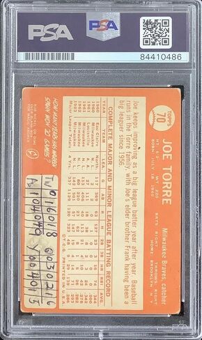 Joe Torre Signed 1964 Topps #70 Card Braves Yankees HOF Insc PSA/DNA Auto GEM 10 - Baseball Slabbed Autographed Cards in Saudi Arabia