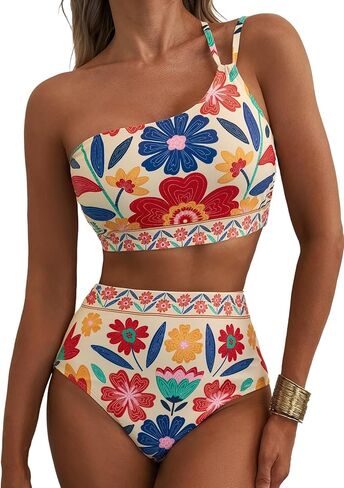 Herseas Women's High Waisted Bikini Sets One Shoulder Floral Print Swimsuits 2 Piece Tummy Control Bathing Suits in Kuwait