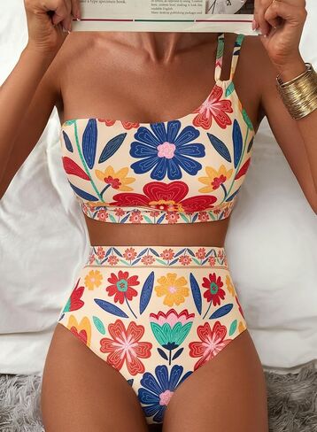 Herseas Women's High Waisted Bikini Sets One Shoulder Floral Print Swimsuits 2 Piece Tummy Control Bathing Suits in Kuwait