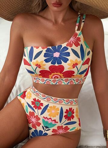 Herseas Women's High Waisted Bikini Sets One Shoulder Floral Print Swimsuits 2 Piece Tummy Control Bathing Suits in Kuwait