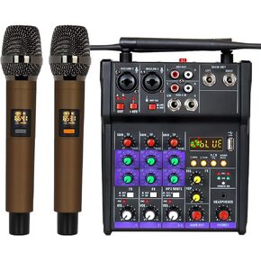 Audio Mixer 4 Channel DJ Mixer with Dual Wireless Microphone Sound Board Console MP3 Bluetooth 48V Phantom Power USB Interface for Home Karaoke Studio Recording