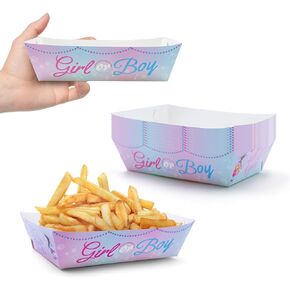 50 Packs Gender Reveal Paper Food Trays Gender Reveal Birthday Party Supplies Gender Reveal Themed Nacho Trays Paperboard Tray Gender Reveal Hot Dog Trays