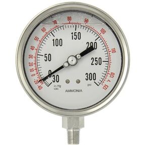 مقاييس PIC AMMONIA-LF-404CH مقياس الأمونيا المملوء بالجلسرين مع حافظة SS، 316 SS داخلي، قرص 4 بوصة، نطاق 30/0/300 رطل لكل بوصة مربعة، 1/4 بوصة ذكر NPT