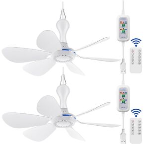 Glooglitter 2 Sets USB Hanging Ceiling Fan Portable Canopy Fan with Remote Control Timing and 6.8ft Extension Cord, 6 Blades Quiet Small DC USB Ceiling Fan for Camping Bed Dormitory RV Tent Home Room