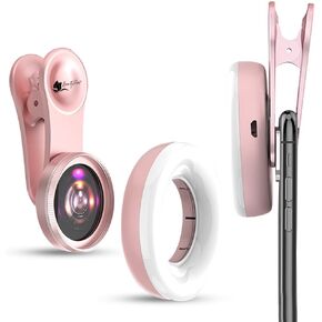 BeautyPros Macro Lens for iPhone & Android with Mini Clip Ring Light, Portable Rechargeable Dimming Ring Light for Close-up Photography, Video Recording and VLOG (Pink)